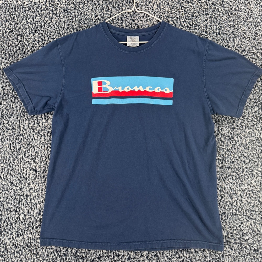 Comfort Colors Broncos Graphic T-Shirt‎ Mens Large Navy Blue Heavyweight Cotton